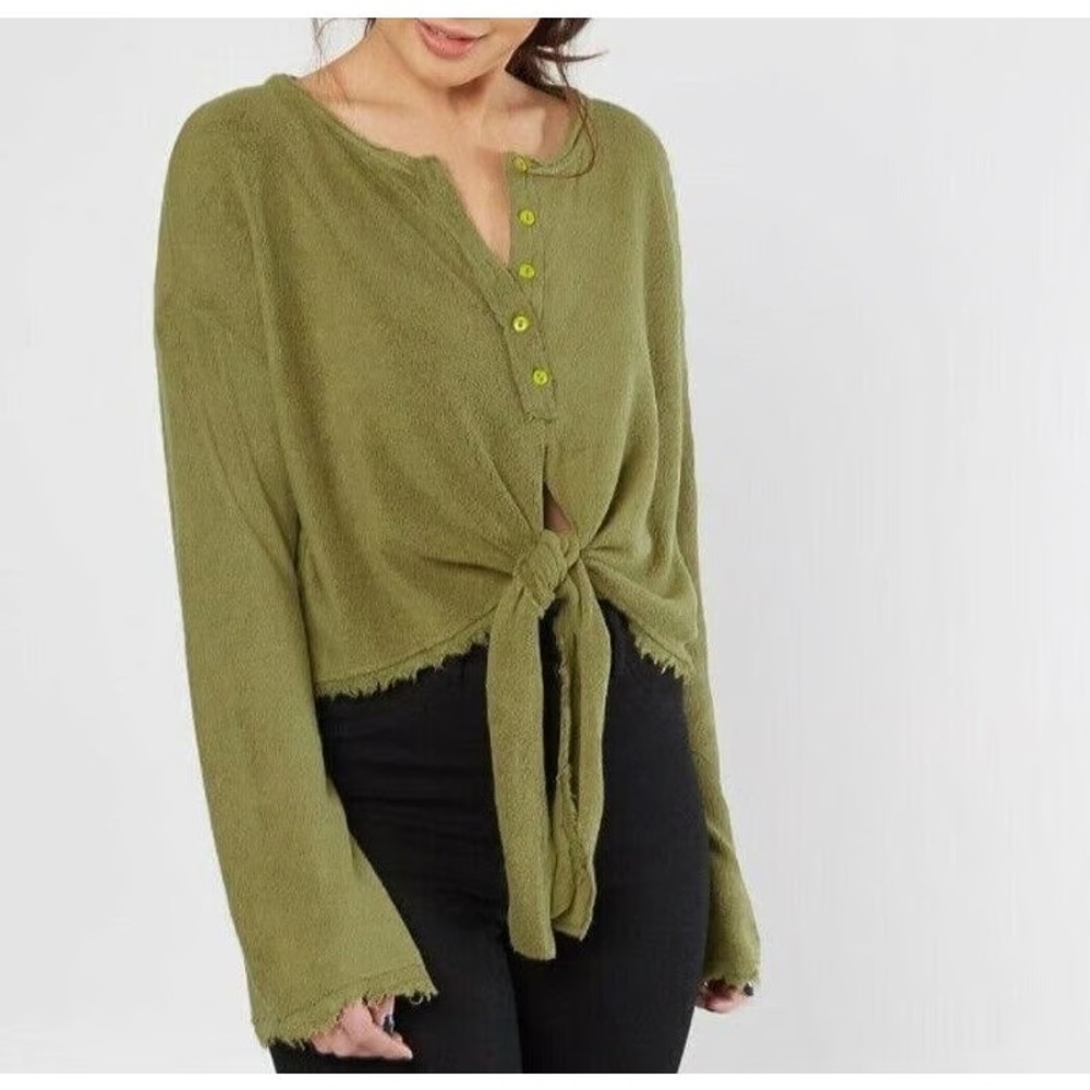 Free people Emma Henley tie green knit top dirty martini size small